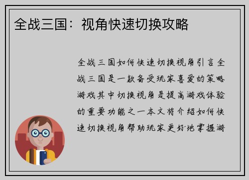 全战三国：视角快速切换攻略